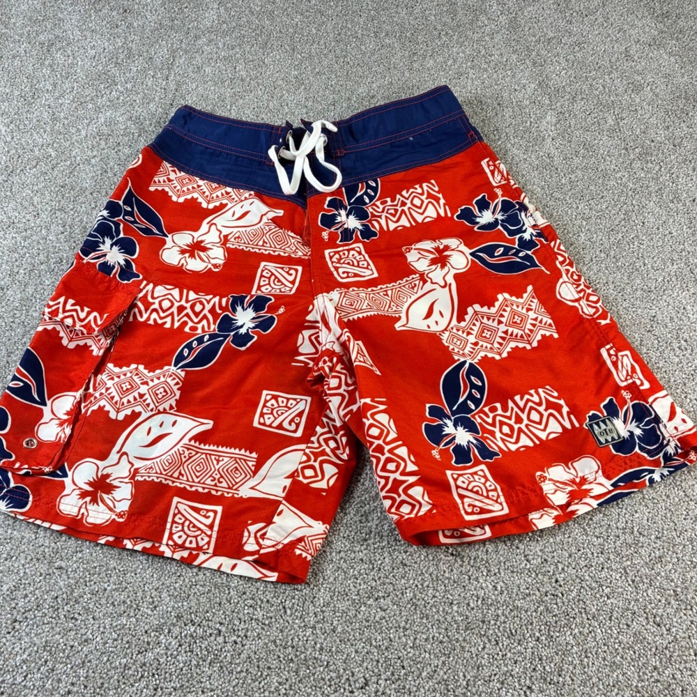 OTB On The Brink Mens Swim Trunks Size 32 Floral Red White Blue Nylon Colorful‎